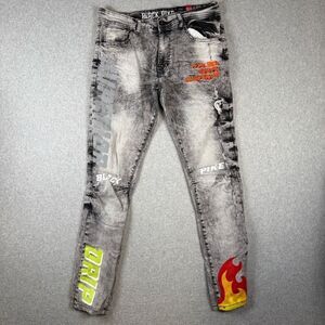 Black Pike Mens 32x32 Graffiti Denim Jeans Black Flames Streetwear Destroyed